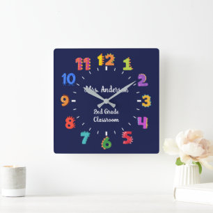 Colourful Number Custom Name Teacher Classroom Square Wall Clock