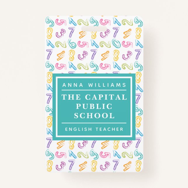 Colourful Number Elementary School Math Teacher ID Badge (Front)