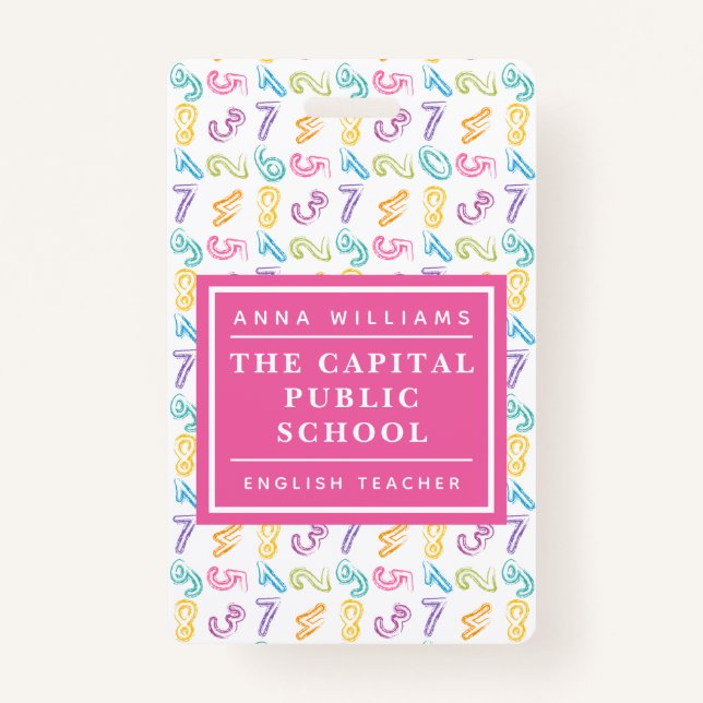 Colourful Number Elementary School Math Teacher ID Badge (Front)