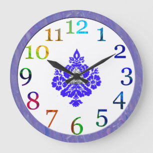 colourful numbers and blue damask large clock