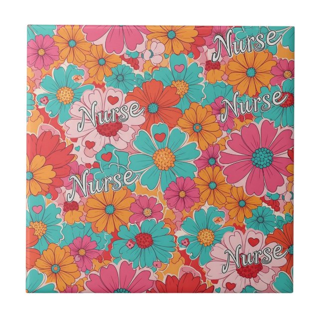 Colourful Nurse Floral Pattern (1) Ceramic Tile (Front)