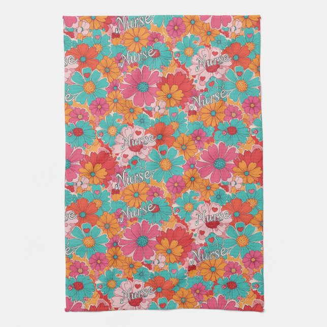 Colourful Nurse Floral Pattern (1) Tea Towel (Vertical)