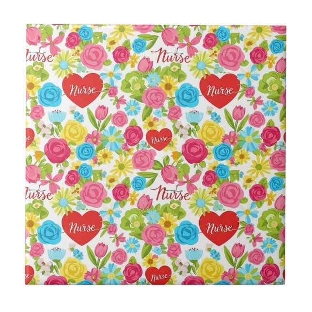 Colourful Nurse Floral Pattern (2) Ceramic Tile (Front)