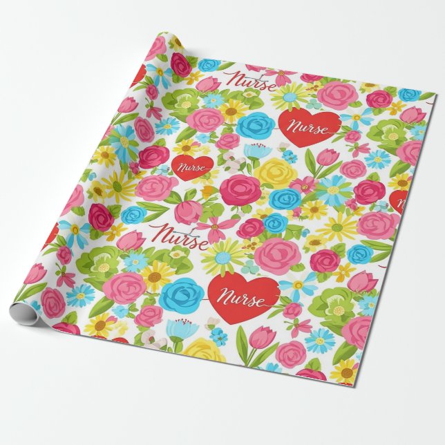 Colourful Nurse Floral Pattern (2) Wrapping Paper (Unrolled)