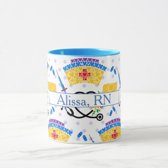 Colourful Nursing Tools on Blue Polka Dots Mug (Center)