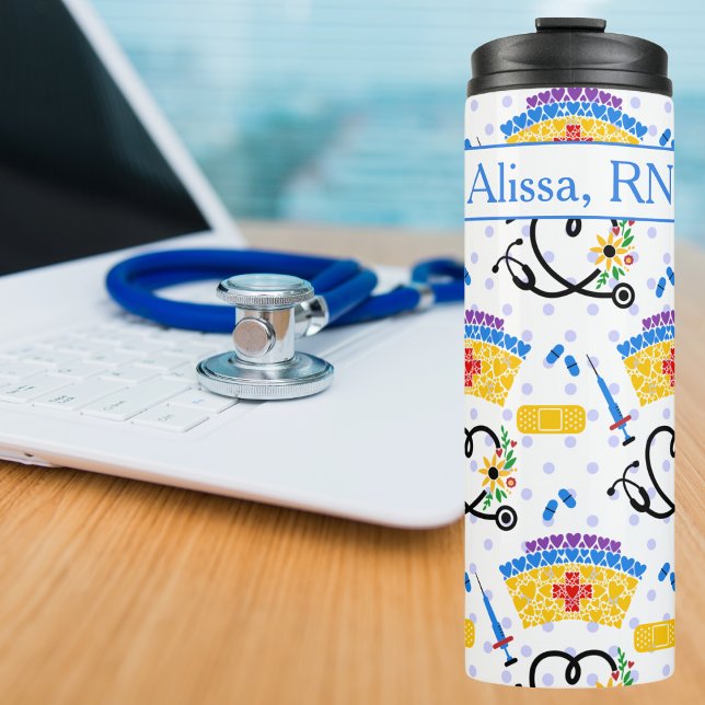 Colourful Nursing Tools on Blue Polka Dots Thermal Tumbler (Creator Uploaded)