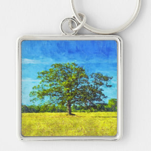 Colourful Oak Tree in a Field Art Key Ring