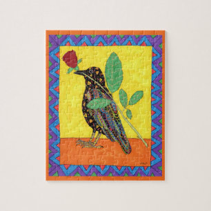 Colourful Oaxacan Crow & Rose Mexican Folk Art Jigsaw Puzzle