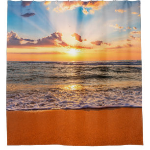 Colourful ocean beach sunrise with deep blue sky a shower curtain