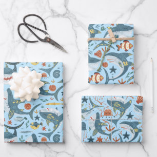 Colourful Ocean Marine Sea Shark Children Birthday Wrapping Paper Sheet