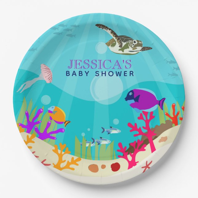 Colourful Ocean Sea Animals Baby Shower Paper Plate (Front)