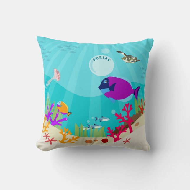Colourful Ocean Sea Animals Kids Name Cushion (Front)
