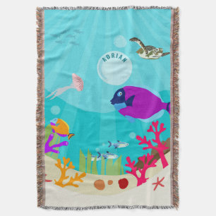 Colourful Ocean Sea Animals Kids Name  Throw Blanket