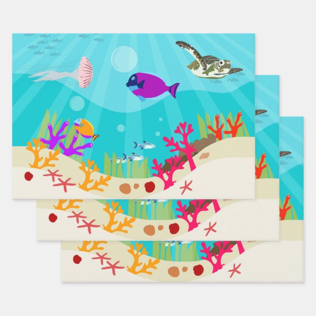 Colourful Ocean Sea Animals Kids  Wrapping Paper Sheet (Set)