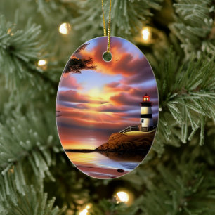 Colourful Ocean Sunset and Lighthouse Personalised Ceramic Ornament