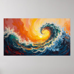 Colourful ocean wave breaking at sunset in oil pai poster