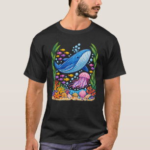 Colourful Ocean Whale and Jellyfish Underwater Ree T-Shirt