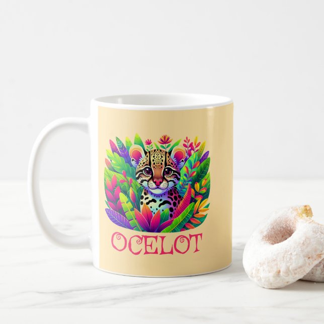 Colourful Ocelot Print Coffee Mug (With Donut)