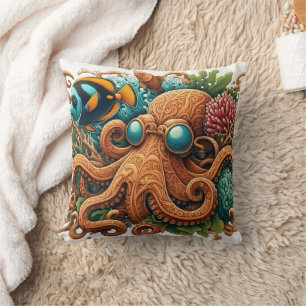 Colourful Octopus Among Coral Reef and Fish Cushion