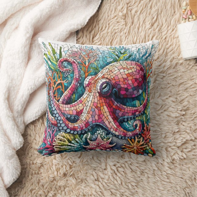 Colourful Octopus Among Coral Reef Cushion (Blanket)