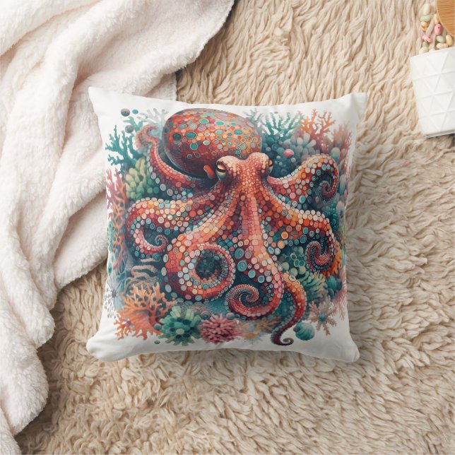 Colourful Octopus Among Vibrant Coral Reef Life Cushion (Blanket)