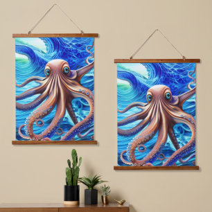 Colourful Octopus Blue Ocean Wave Realism Hanging Tapestry