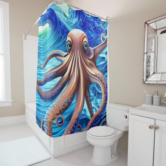 Colourful Octopus Blue Ocean Wave Realism Shower Curtain (In Situ)