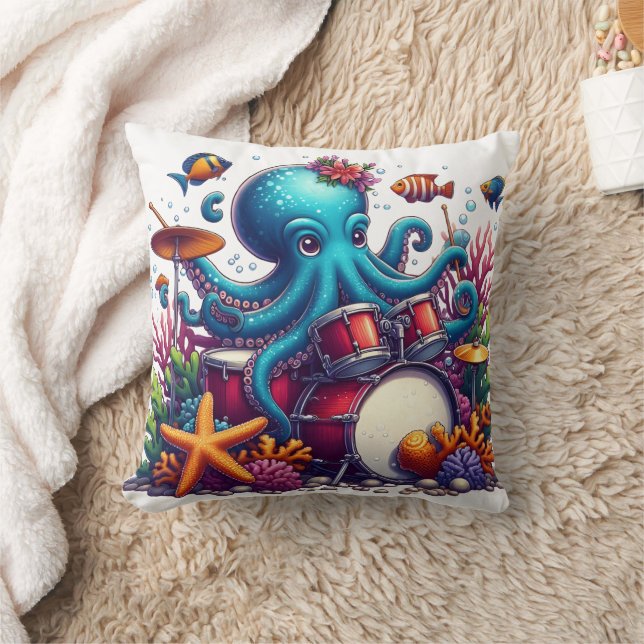 Colourful Octopus Drumming Among Coral Reef Cushion (Blanket)