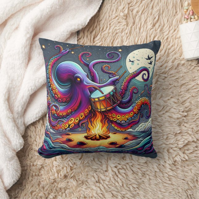 Colourful Octopus Drumming by Moonlit Campfire Cushion (Blanket)