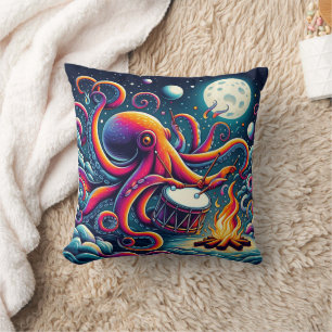 Colourful Octopus Drumming By The Moonlit Shore Cushion