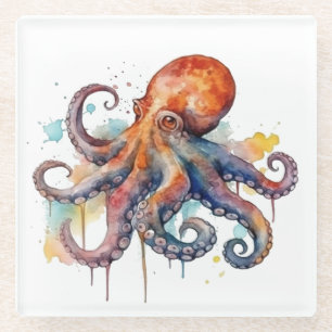 colourful octopus in water colour big eyes glass coaster