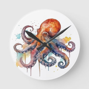 colourful octopus in water colour big eyes round clock