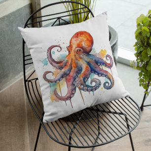 colourful octopus in watercolor big eyes cushion