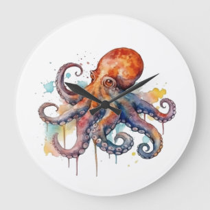 colourful octopus in watercolor  big eyes large clock