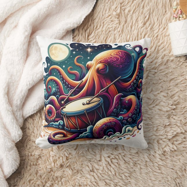 Colourful Octopus Playing Drum Under Moonlight Cushion (Blanket)