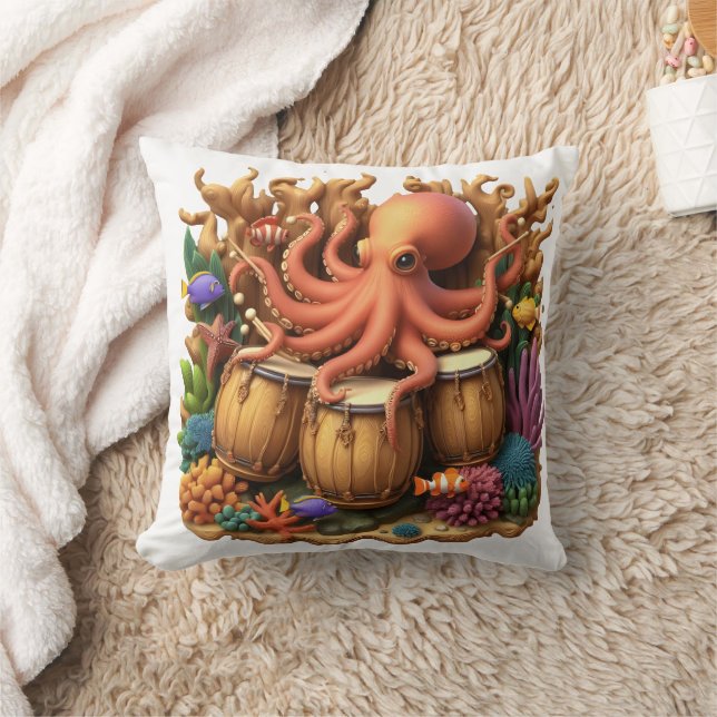 Colourful Octopus Playing Drums Among Coral Reef Cushion (Blanket)