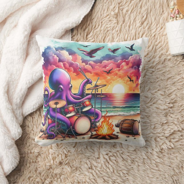 Colourful Octopus Playing Drums at Sunset Beach Cushion (Blanket)