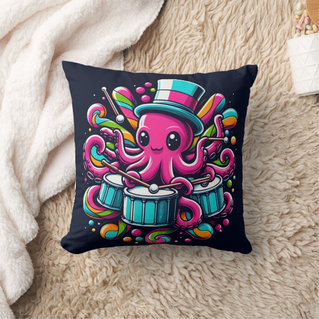 Colourful Octopus Playing Drums in Festive Setting Cushion (Blanket)