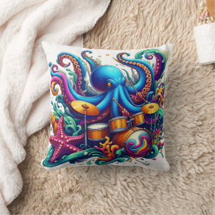 Colourful Octopus Playing Drums in Ocean Waves Cushion