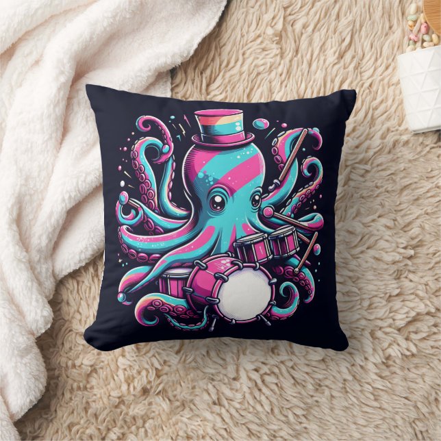 Colourful Octopus Playing Drums With Top Hat Cushion (Blanket)