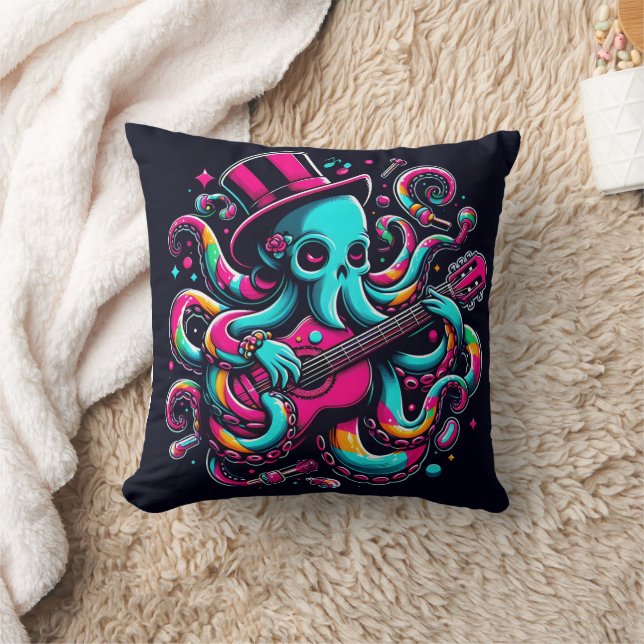 Colourful Octopus Playing Guitar in Artistic Style Cushion (Blanket)