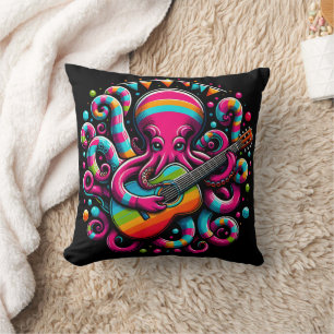 Colourful Octopus Playing Guitar in Vibrant Settin Cushion
