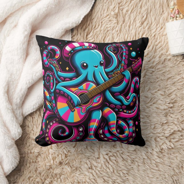 Colourful Octopus Playing Guitar In Vibrant Style Cushion (Blanket)
