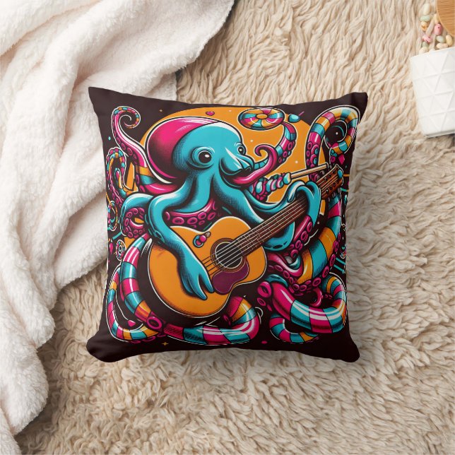 Colourful Octopus Playing Guitar in Vibrant Style Cushion (Blanket)