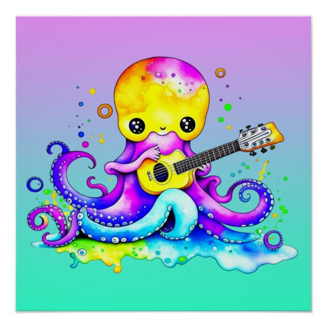 Colourful Octopus Playing Guitar Poster (Front)