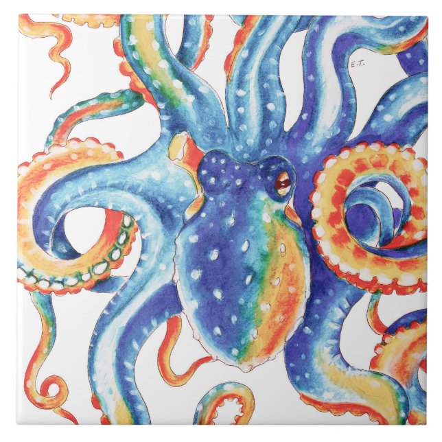 Colourful Octopus Watercolor Art Ceramic Tile (Front)