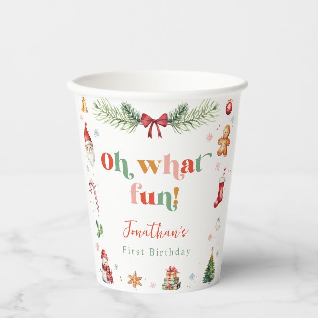 Colourful Oh What Fun 1st Christmas Cute Birthday Paper Cups (Front)