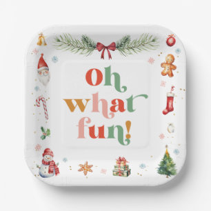 Colourful Oh What Fun Cute Christmas Holiday Party Paper Plate