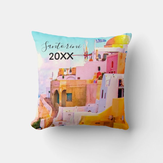 Colourful Oia Santorini Houses, Greece Photography Cushion (Front)