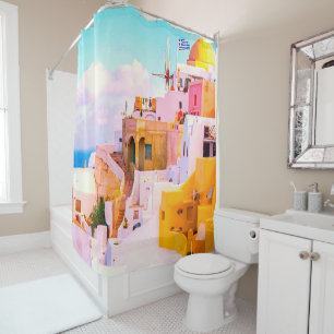 Colourful Oia Santorini Houses, Greece Shower Curtain